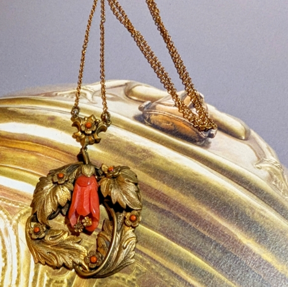 Art Nouveau Era Carved Coral Lavaliere Necklace ~ Antique - Picture 3 of 7